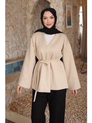 İmaj Butik Taş Kuşaklı Scuba Kimono Ceket