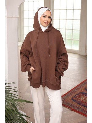 İmaj Butik Kahve Bisiklet Yaka Taşlı Modal Sweatshirt