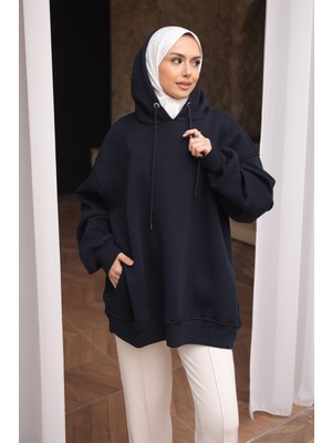 İmaj Butik Lacivert Bisiklet Yaka Taşlı Modal Sweatshirt