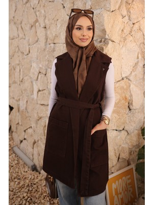 İmaj Butik Kahverengi Kemerli Cepli Gabardin Yelek