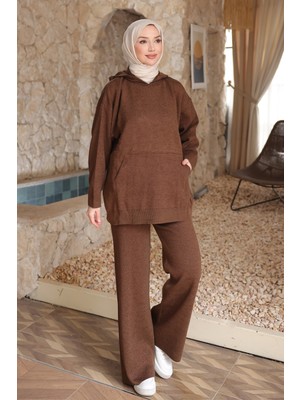 İmaj Butik Kahverengi Kapşonlu Kanguru Cepli Pantolonlu Triko Takım
