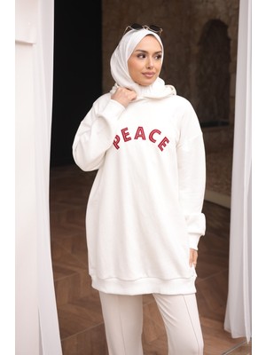 İmaj Butik Ekru Nakışlı Işlemeli Kapşonlu Tunik Sweat