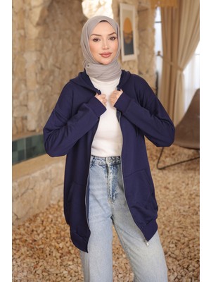 İmaj Butik Lacivert Kanguru Cepli Üç Iplik Hırka