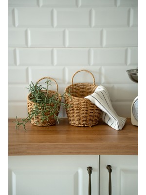 Iki Adet Rattan Sepet, Ahşap Kulplu, Şık ve Pratik Saklama Çözümü