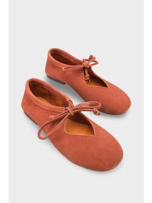 LOJO Kadın Bağcıklı Yuvarlak Burun Günlük Babet Ligure Kiremit Süet