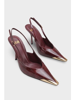 LOJO Kadın Stiletto Sivri Burun Arkası Bantlı Günlük Topuklu Ayakkabı Rivori Bordo Kroko