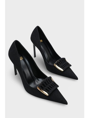 LOJO Kadın Stiletto Sivri Burun Altın Toka Detaylı Günlük Topuklu Ayakkabı Sancarlo Siyah