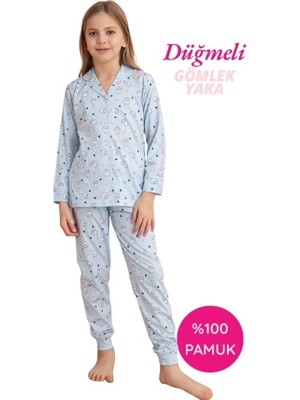 Bie's Kız Çocuk Mavi Hayvan Desenli Gömlek Yaka Önden Düğmeli Pamuklu Mevsimlik Uzun Kol Pijama Takımı-Dar Kalıp