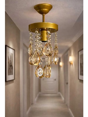 Ömür Avize 15 cm Kristal Taşlı Eskitme Gold Kasalı Avize