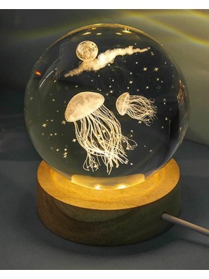 MiraLive Dekoratif Deniz Anası Tasarımlı Ahşap Altlıklı Işıklı Cam Küre Büyük Boy Cam:8cm Ahşap:2cm