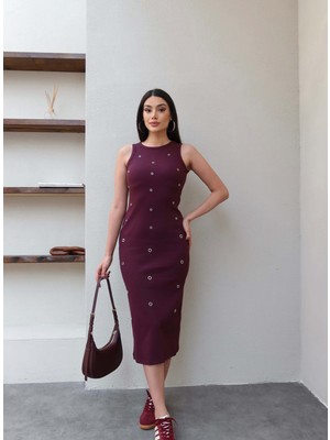 Esra Helvacı Sıfır Kol Kuşgözü Detay Midi Elbise