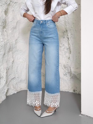 Zeo Basic Kadın Dantel Detaylı Açık Mavi Kot Pantolon
