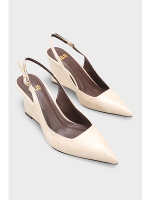 LOJO Kadın Sivri Burun Arkası Açık Dolgu Topuklu Viviens Bej Kroko