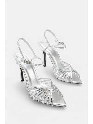 LOJO Kadın Sivri Burun Taşlı Arkası Açık Bilekten Bağlamalı Günlük Topuklu Ayakkabı Livis Gümüş