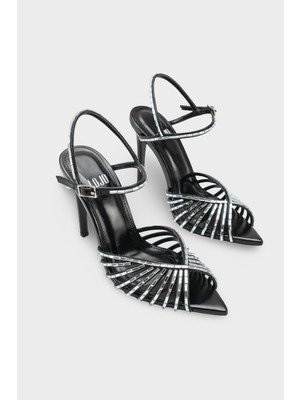 LOJO Kadın Sivri Burun Taşlı Arkası Açık Bilekten Bağlamalı Günlük Topuklu Ayakkabı Livis Siyah