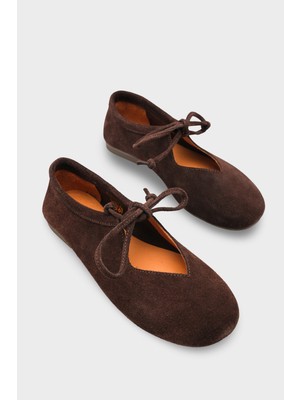 LOJO Kadın Bağcıklı Yuvarlak Burun Günlük Babet Ligure Kahve Süet