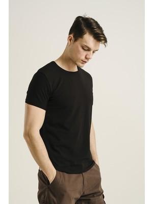 Oksit Slim Fit Erkek Basic Tshirt Kısa Kol Siyah Günlük Stil Pamuklu Kumaş