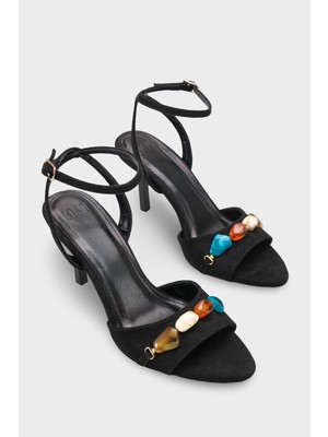 LOJO Kadın Sivri Burun Bilekten Bantlı Deniz Taşı detaylı Günlük Topuklu Ayakkabı Marassi Siyah Süet