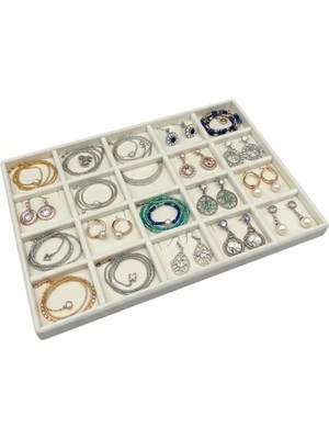 Yerli Üretim Süet Kumaş Krem Renk 20 Bölmeli Çekmece Içi Takı Standı