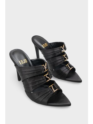LOJO Kadın Sivri Burun Tokalı Arkası Açık Günlük Topuklu Terlik Labus Siyah