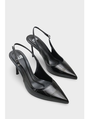 LOJO Kadın Sivri Burun Arkası Açık Günlük Topuklu Stiletto Nisiy Siyah Kroko
