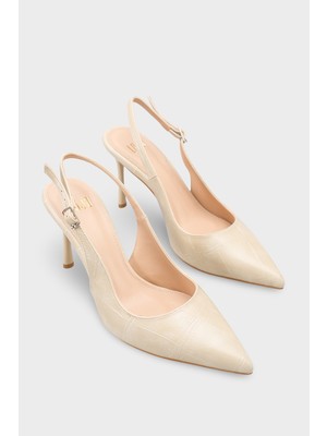 LOJO Kadın Sivri Burun Arkası Açık Günlük Topuklu Stiletto Nisiy Bej Kroko