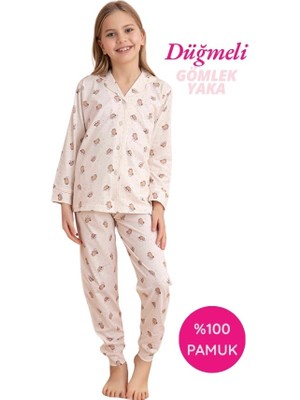 Tarık Kids Homewear Tarık Homewear Kız Çocuk Bej Hayvan Desenli Gömlek Yaka Önden Düğmeli Pamuklu Mevsimlik Uzun Kol Pijama Takımı-Dar Kalıp