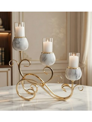 Vadi Lüks Gold Mermer Detaylı 3'lü Şamdan Seti - Modern Dekoratif | Yemek Masası Için Zarif Tasarım