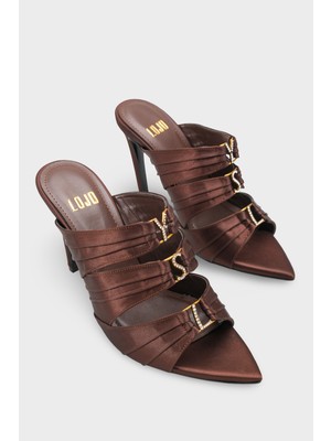 LOJO Kadın Sivri Burun Tokalı Arkası Açık Günlük Topuklu Terlik Labus Kahve