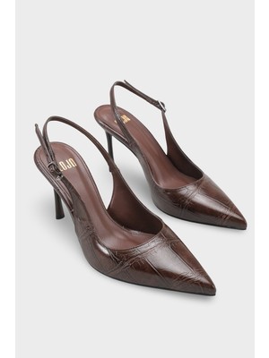LOJO Kadın Sivri Burun Arkası Açık Günlük Topuklu Stiletto Nisiy Kahve Kroko