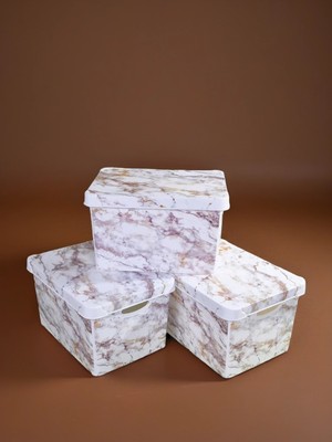 Şık 3'lü Mermer Desenli Plastik Kutu Seti, 20 Litre Hacim