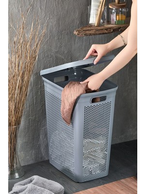 Gri Dikdörtgen Çamaşır Sepeti, Kapaklı, Pratik ve Şık Tasarım