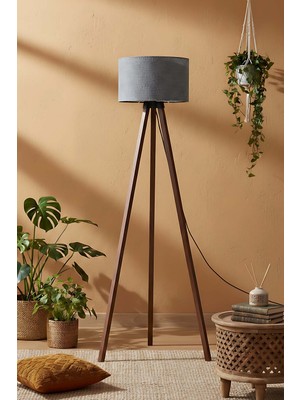 Gri Dokulu Silindir Başlık Ahşap Üç Ayaklı Lambader