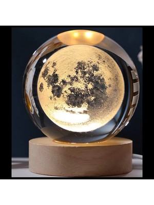 MiraLive Dekoratif Dolunay Tasarımlı Ahşap Altlıklı Işıklı Cam Küre Büyük Boy 8 cm MZ4-2323
