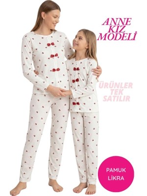 Tarık Kids Homewear Kadın Beyaz Kiraz Desenli Fiyonk Detay Kaşkorse Fitilli Mevsimlik Kumaş Uzun Kol Pijama Takımı-Anne Kız Modeli-Tek Ürün Fiyatı