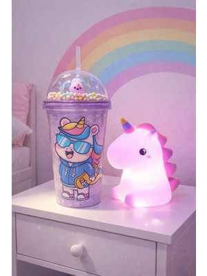 Biton Toptan 2'li Set Rgb LED Unicorn Gece Lambası Yumuşak Silikon – Mor Unicorn Tema 450 ml Çift Katman Suluk