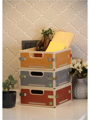 3'lü Ahşap Kare Sepet Seti, Düzenleyici 19X19X9 cm