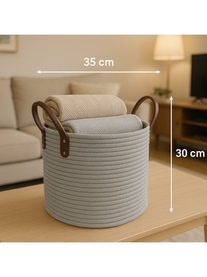 Hasır Görünümlü Jüt Sepet, Deri Saplı, Battaniye ve Oyuncak Saklama Sepeti