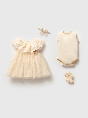 Noynoy Bebek Bebikim Kız Bebek Mevlüt Elbisesi ve Body Seti - Dantelli Tül Detaylı Bandanalı 4'lü Takım - Ekru 3 - 6AY Hediyelik Kutusu Ile Beraber