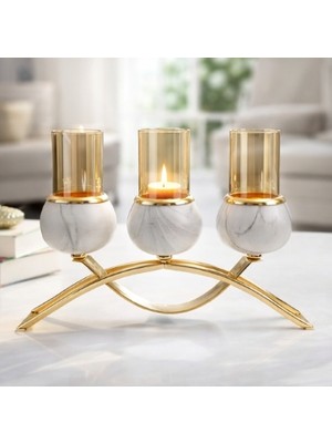 Vadi Ultra Lüks Amber Cam & Mermer Gold Şamdan – 3 Kollu | Romantik Yemek Masası & Ev Dekoru