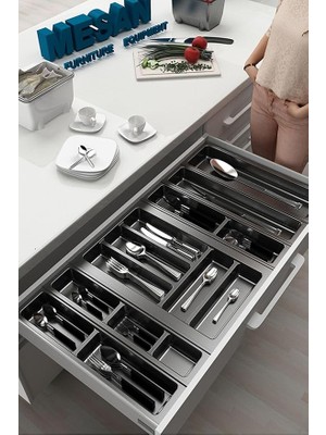 Mutfak Çekmece Içi Düzenleyici, Kaşıklık 84CM x 48CM Yanlar ve Boydan 4cm Kesilebilir, Antrasit