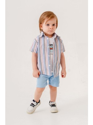 Chicsy Baby Tarz Gömlekli Çizgili Belden Ayarlanabilir Kısa Kollu Şortlu 3\'lü Takım Bayramlık Düğünlük
