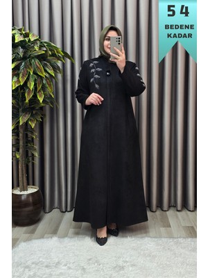 Elmas Tesettür Kadın Giyim Büyük Beden Süet Tam Boy Omuzu Yaprak Taşlı Pardesü