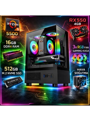 Apphirex Eco X55 Ryzen 5 5500 16GB 512GB M2 SSD RX550 4gb Gddr5 Masaüstü Oyuncu Bilgisayarı Hazır Sistem