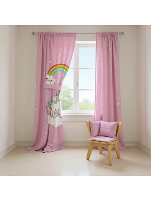 Talia Home Unicorn Desenli Pembe Çocuk Odası Fon Perdesi 2 Kanat Pilesiz Mikrofiber Kumaş