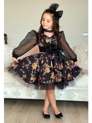 Riccotarz Kız Çocuk Tütülü Elbise Siyah Black Flowers Desenli Şık Stil Özel Olaylar İçin