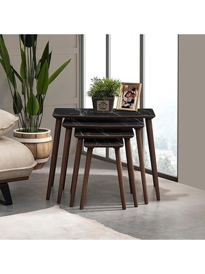 Vega 4lü Dörtlü Mdf Ahşap Zigon Sehpa - Siyah Mermer Desenli