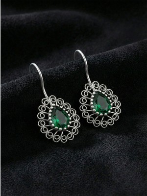 Roza Silver 925 Ayar Gümüş Zümrüt Taşlı Elişi Geleneksel Damla Telkari Küpe