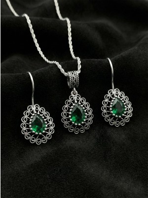 Roza Silver 925 Ayar Gümüş Zümrüt Taşlı Elişi Geleneksel Damla Telkari Kolye-Küpe 2'li Set