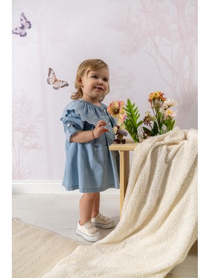 Noynoy Bebek Kız Bebek Kot Elbise - Fisto Nakışlı Geniş Yakalı Denim Elbise ve Bandana Seti 9-36AY